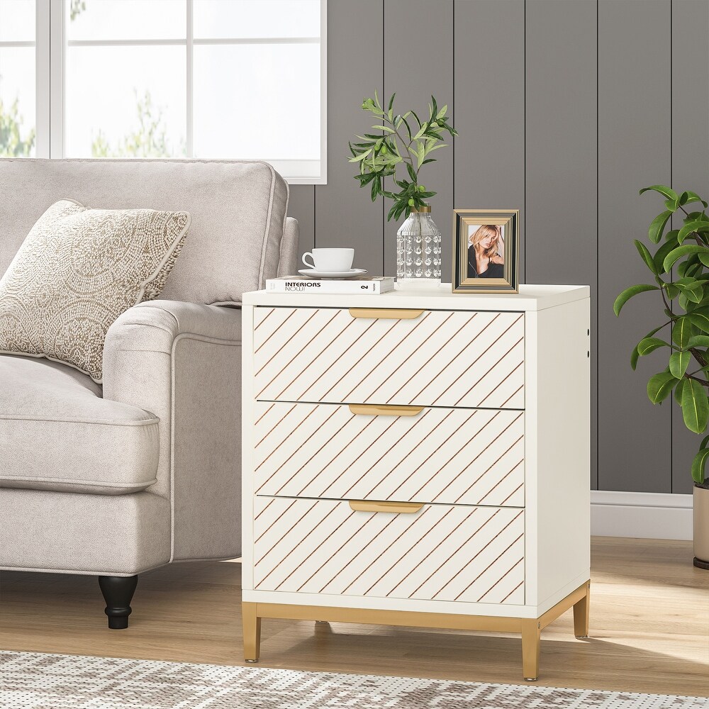 White and Gold Night Stands for Bedrooms Light Wood Grain Nightstands with 3 Drawers