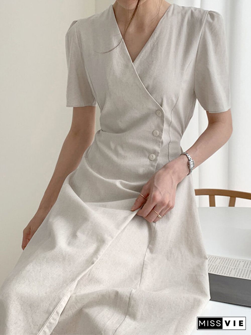 Solid Warp Button Front V-neck Short Sleeve Casual Dress