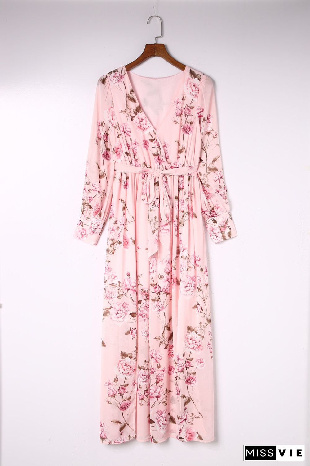 Pink Floral Long Sleeve Side Split High Waist Bohemia Maxi Dress