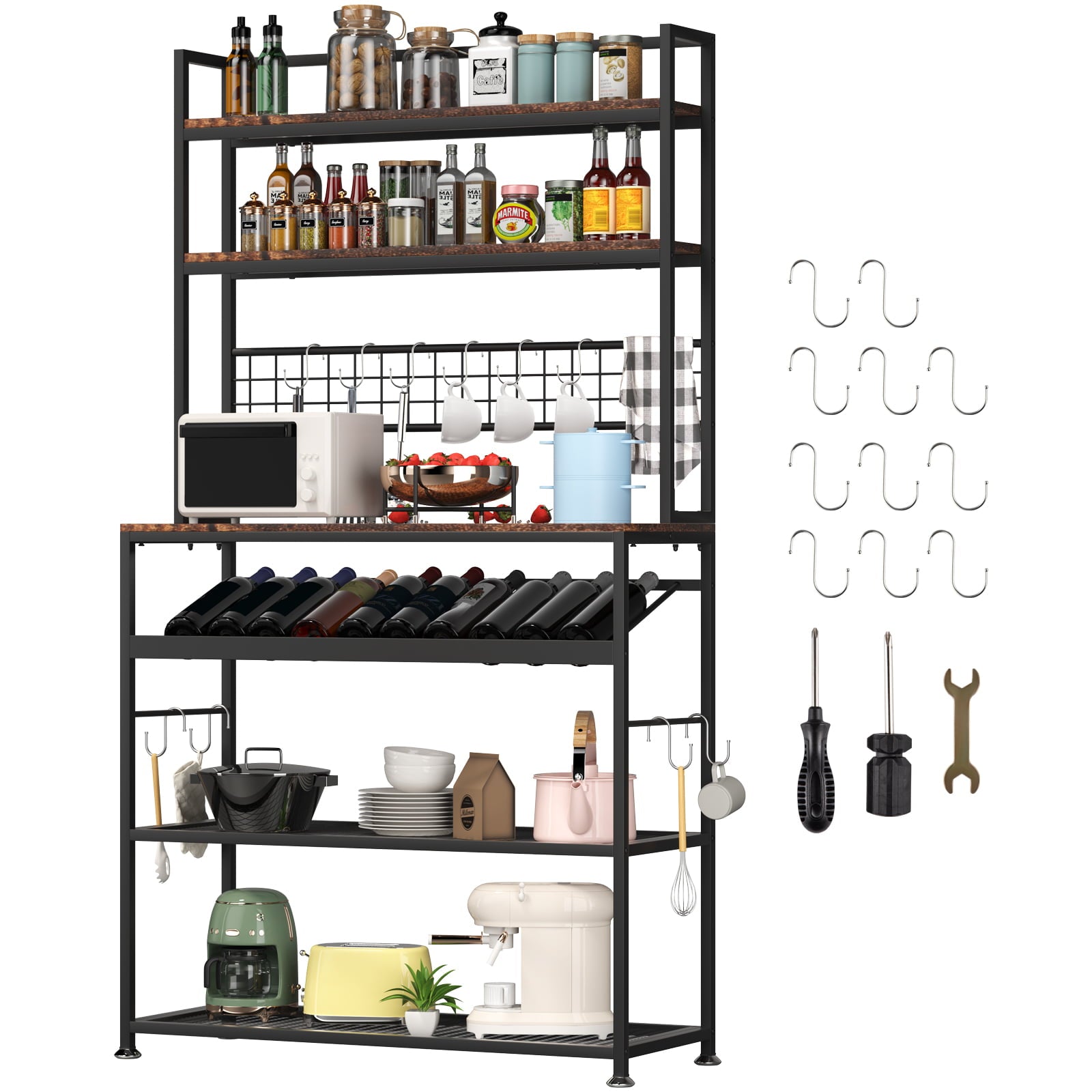 VEVOR Kitchen Bakers Rack with Cabinet 6-Tier Storage Shelf Rack 11 Hooks 65