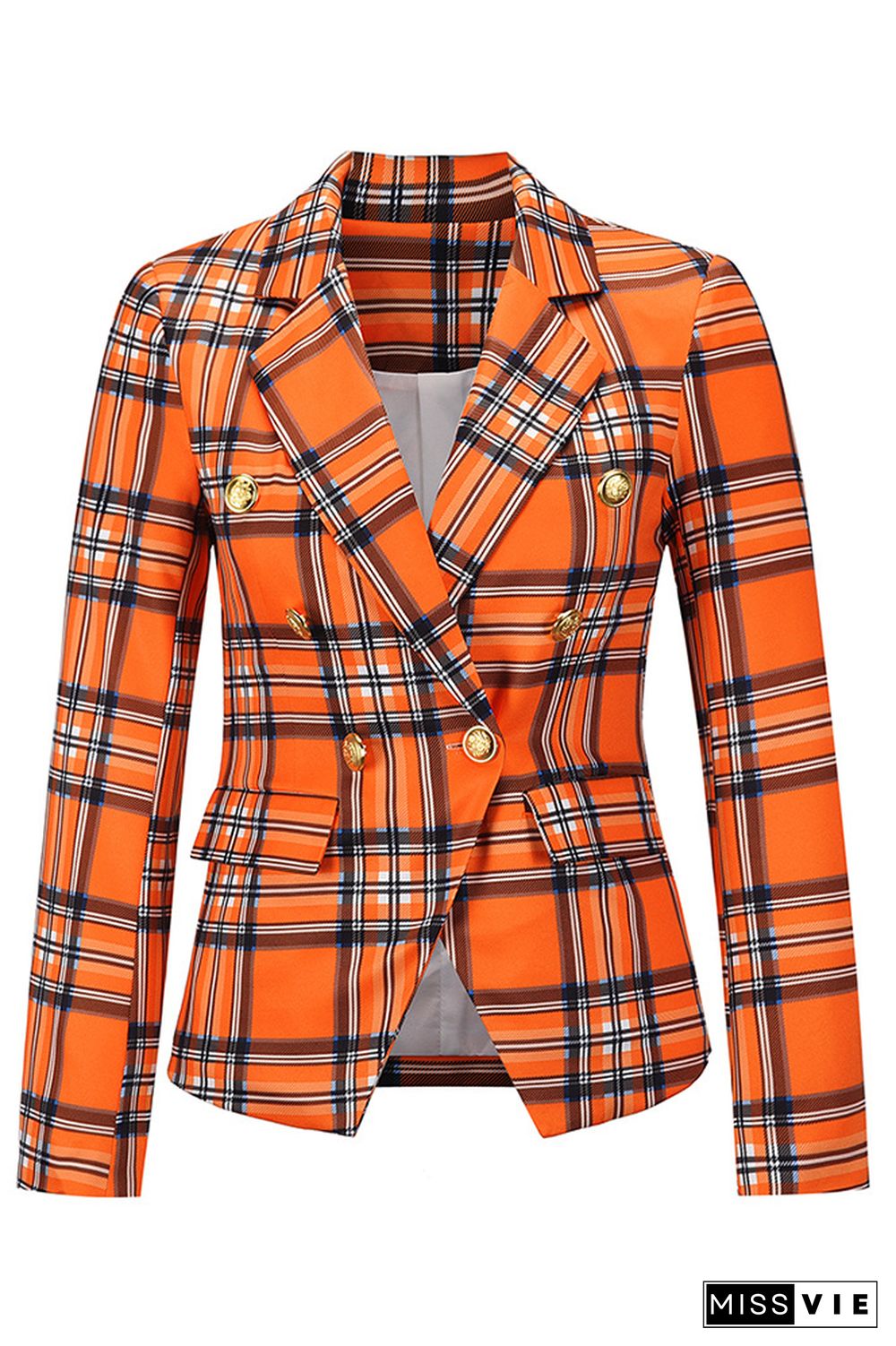 Plaid Turn Lapel Collar Pockets Blazer Women Wholesale