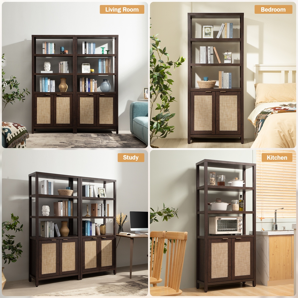 SICOTAS 5 Tier Adjustable Bookshelf with Rattan Storage Cabinet