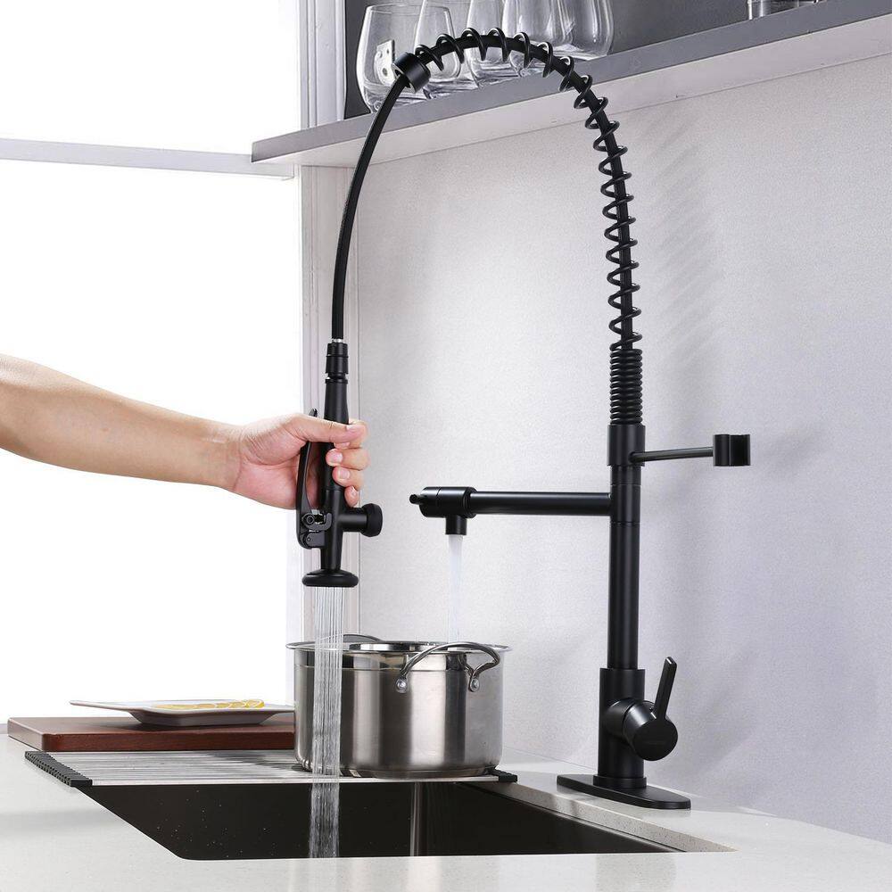 WOWOW Single-Handle Wall Mount Gooseneck Pull Out Sprayer Kitchen Faucet with Included Supply Lines in Matte Black 2312000B-AMUS