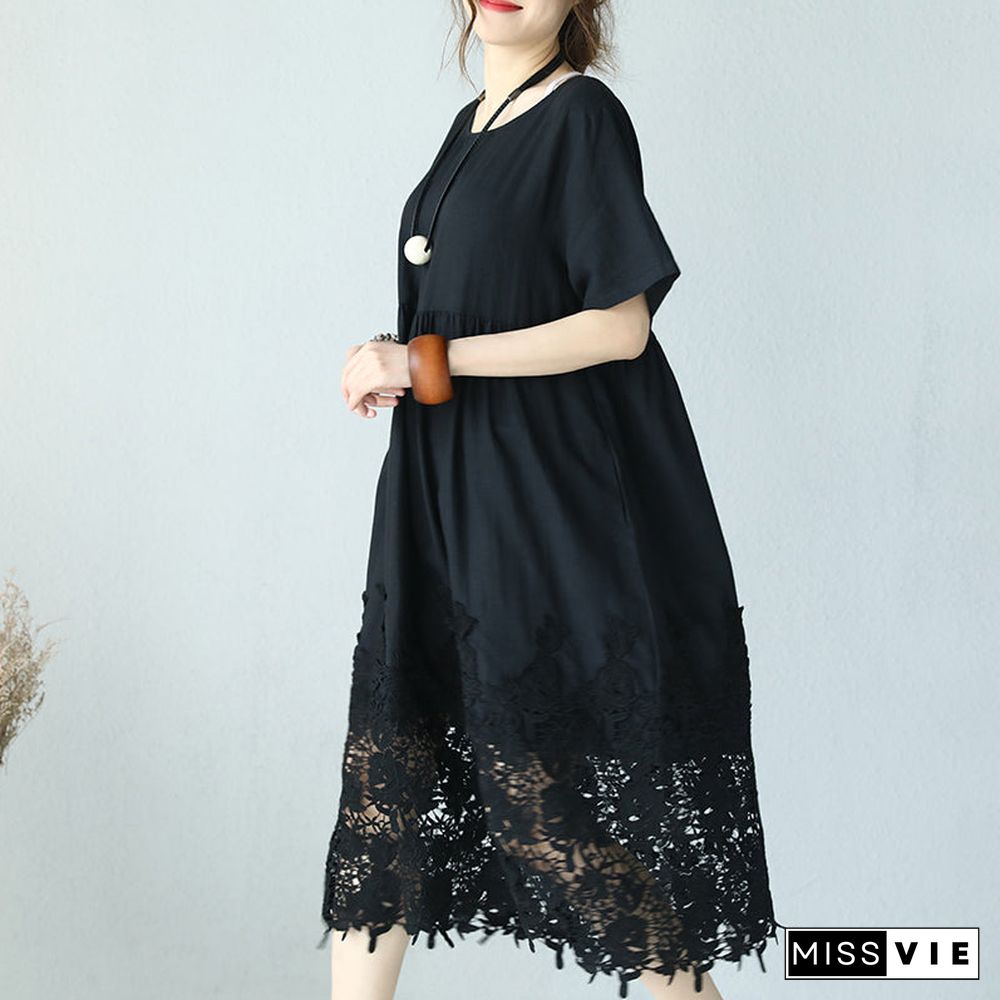 fine black linen dress Loose fitting O neck linen clothing dresses Elegant short sleeve baggy dresses