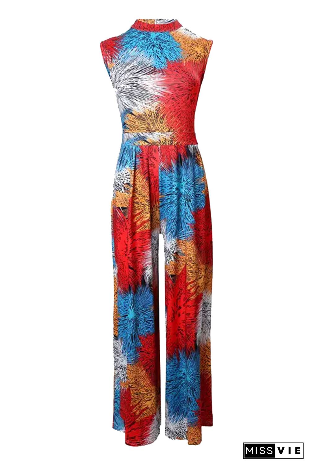 Allover Print Stand Collar Wide Leg Jumpsuit