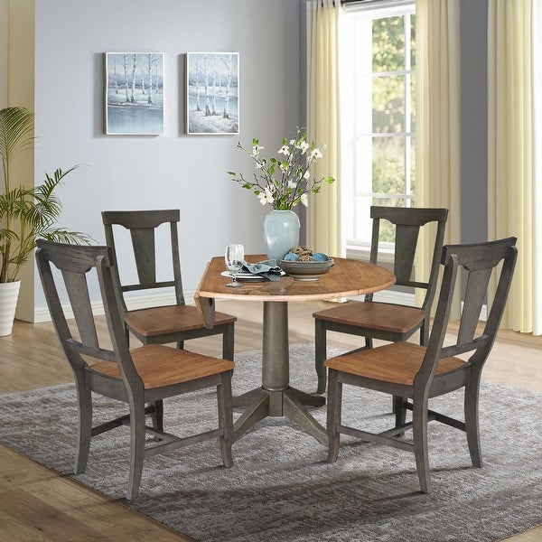 42 in. Round Dual Drop Leaf Dining Table with 4 Panel Back Chairs in Hickory/Washed Coal - 5 Piece Set