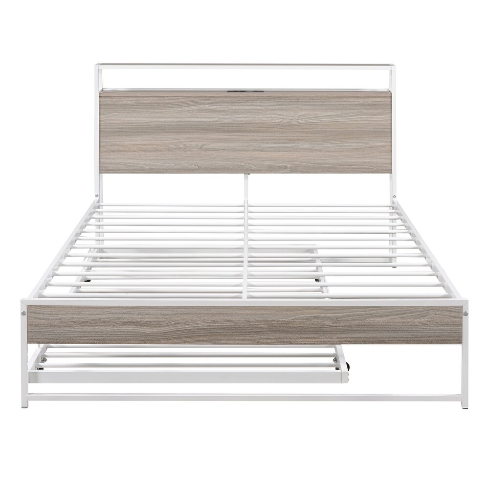 Classic Elegant Full Size Metal Platform Bed Frame with Trundle  USB Ports