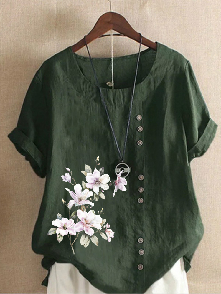 Round Neck Casual Loose Floral Print Short Sleeve Blouse