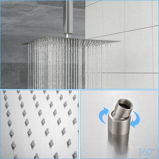 Flynama 3-Spray 12 in. Ceiling Mount Square Rainfall Shower Head with Hand Shower and Faucet in Brushed Nickel Valve Included J-X-W124381878