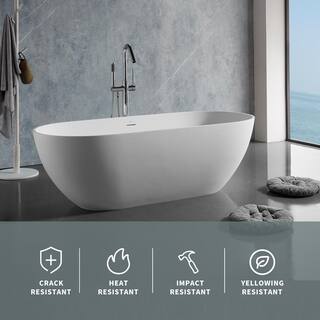 VANITYFUS 59 in. Stone Resin Flatbottom Solid Surface Freestanding Double Slipper Soaking Bathtub in White with Brass Drain VF-CloW36-S