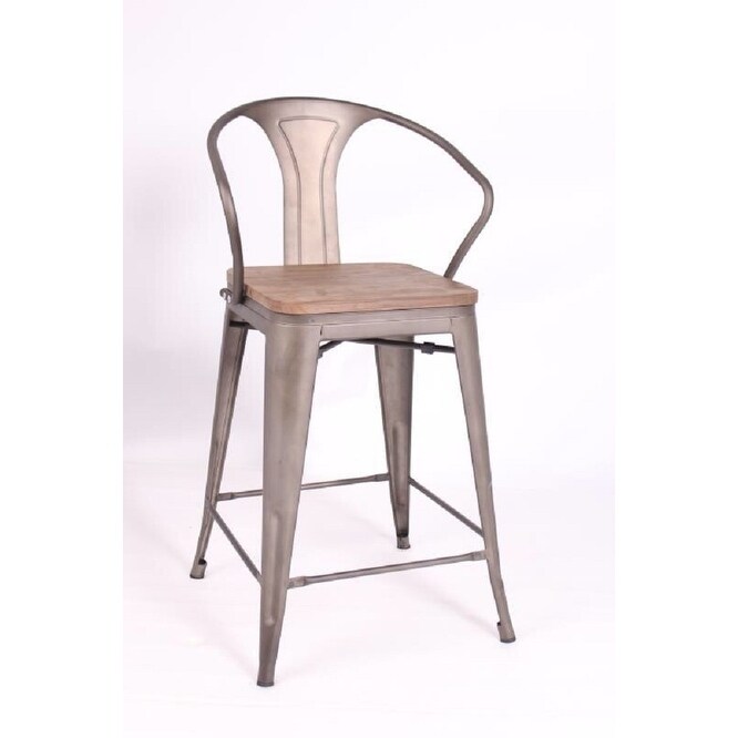 Counter stool with arm and wood top.