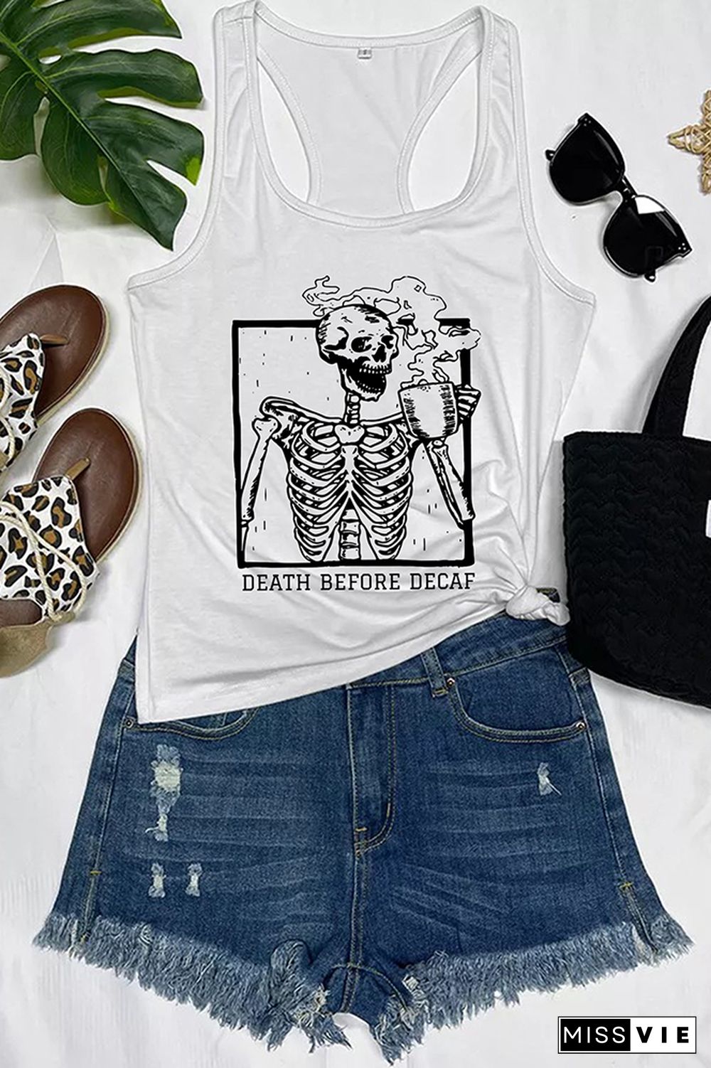 Skeleton Death Before Decaf Skeleton Drink Coffee Tank Top Wholesale