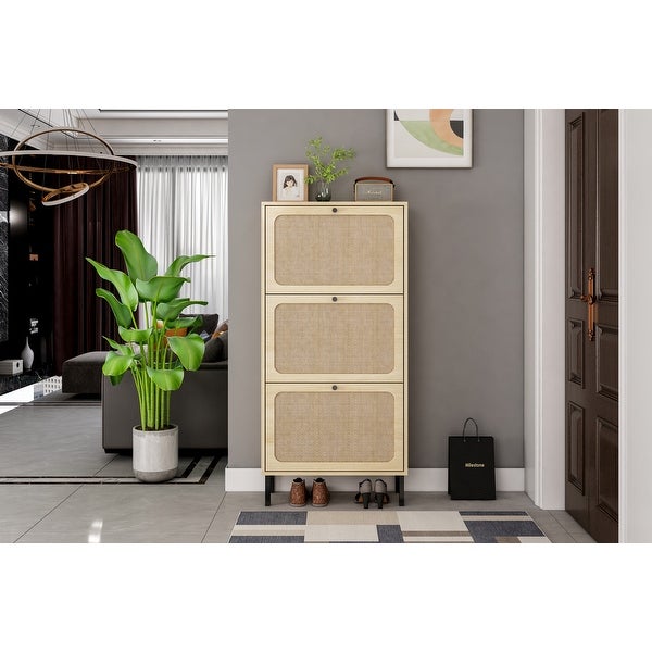 Natural Rattan 3 Door Shoe Rack， Freestanding Modern Shoe Storage Cabinet， for Entryway