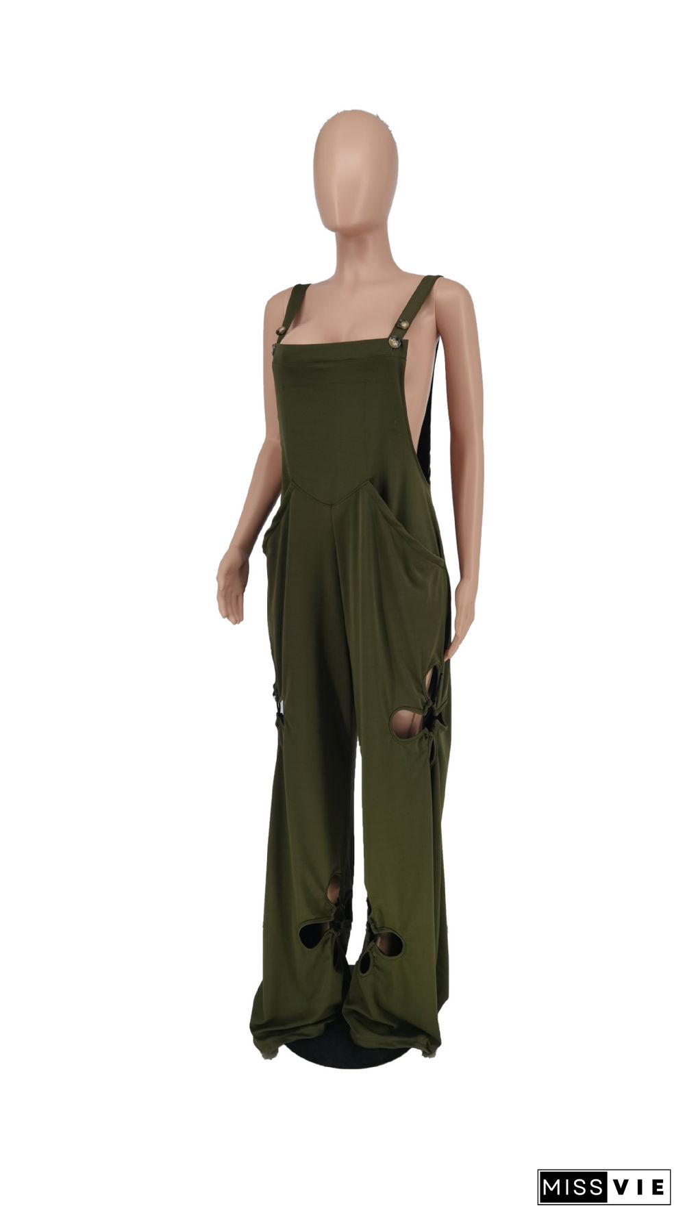 Solid Holes Loose Pockets Wide Leg Jumpsuits