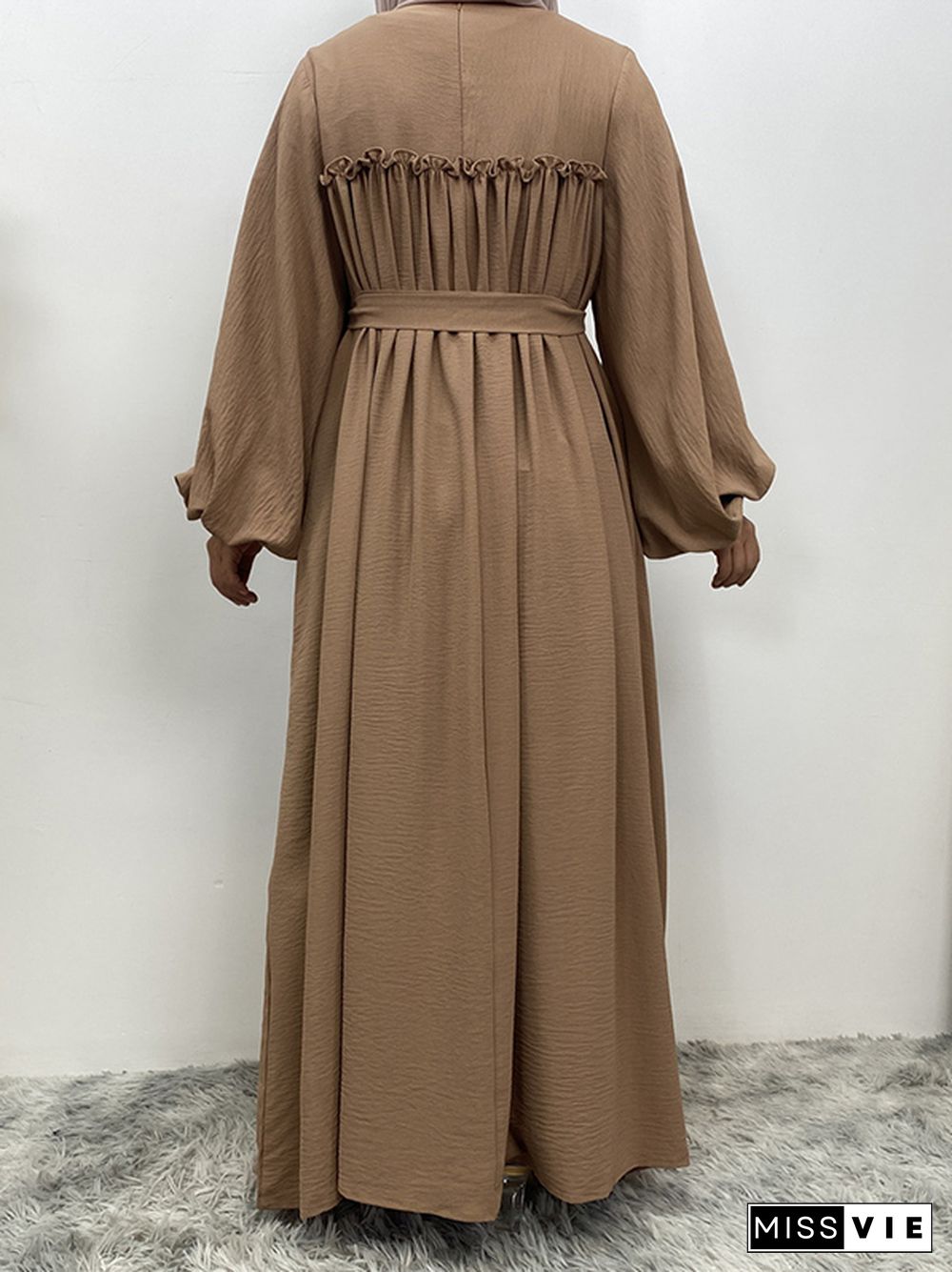 Bishop Sleeve Long Sleeves Elasticity Muslim Pleated Solid Color Split-Joint Tied Waist Round-Neck Maxi Dresses