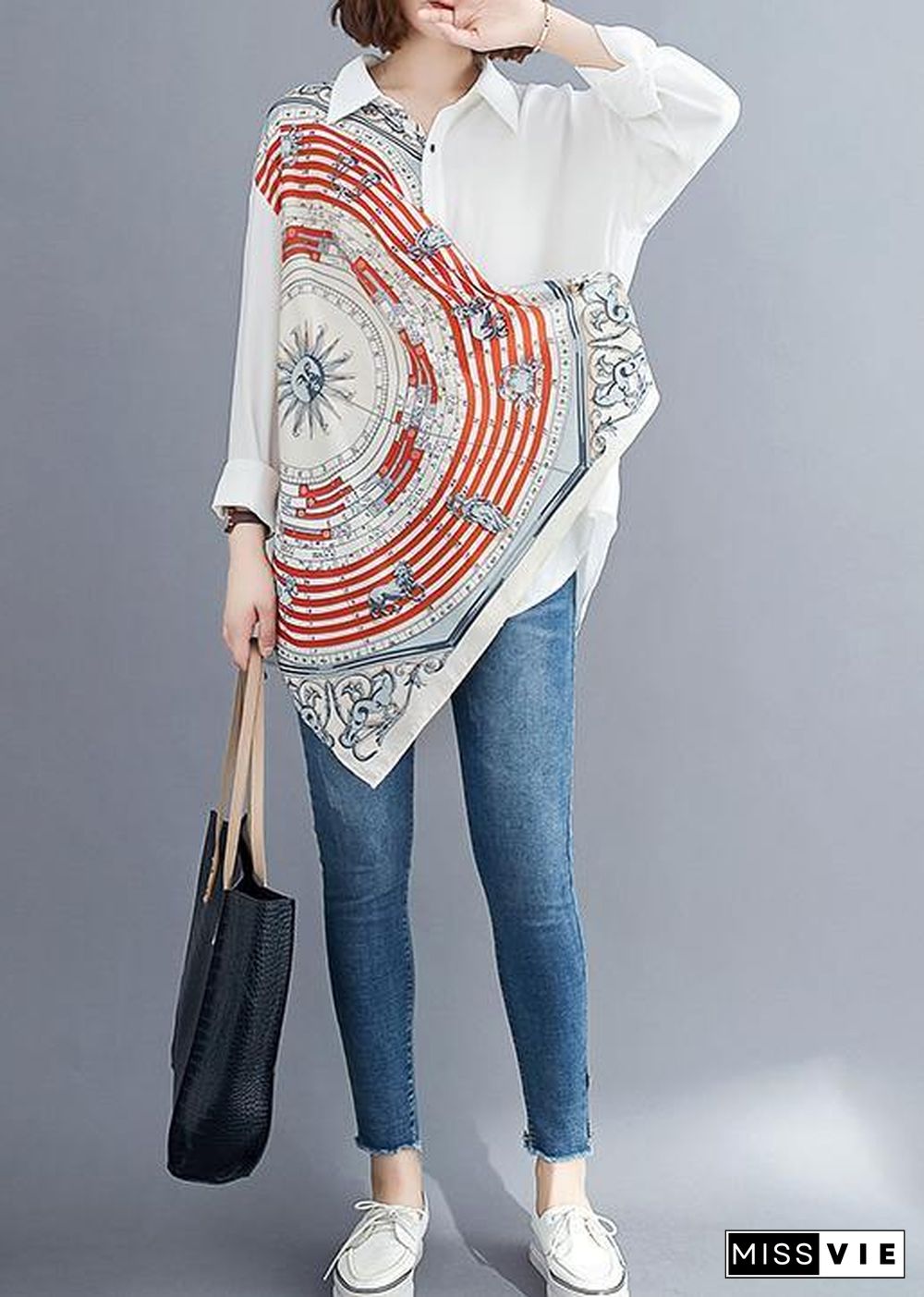 Women white prints blended box top asymmetric baggy summer blouses