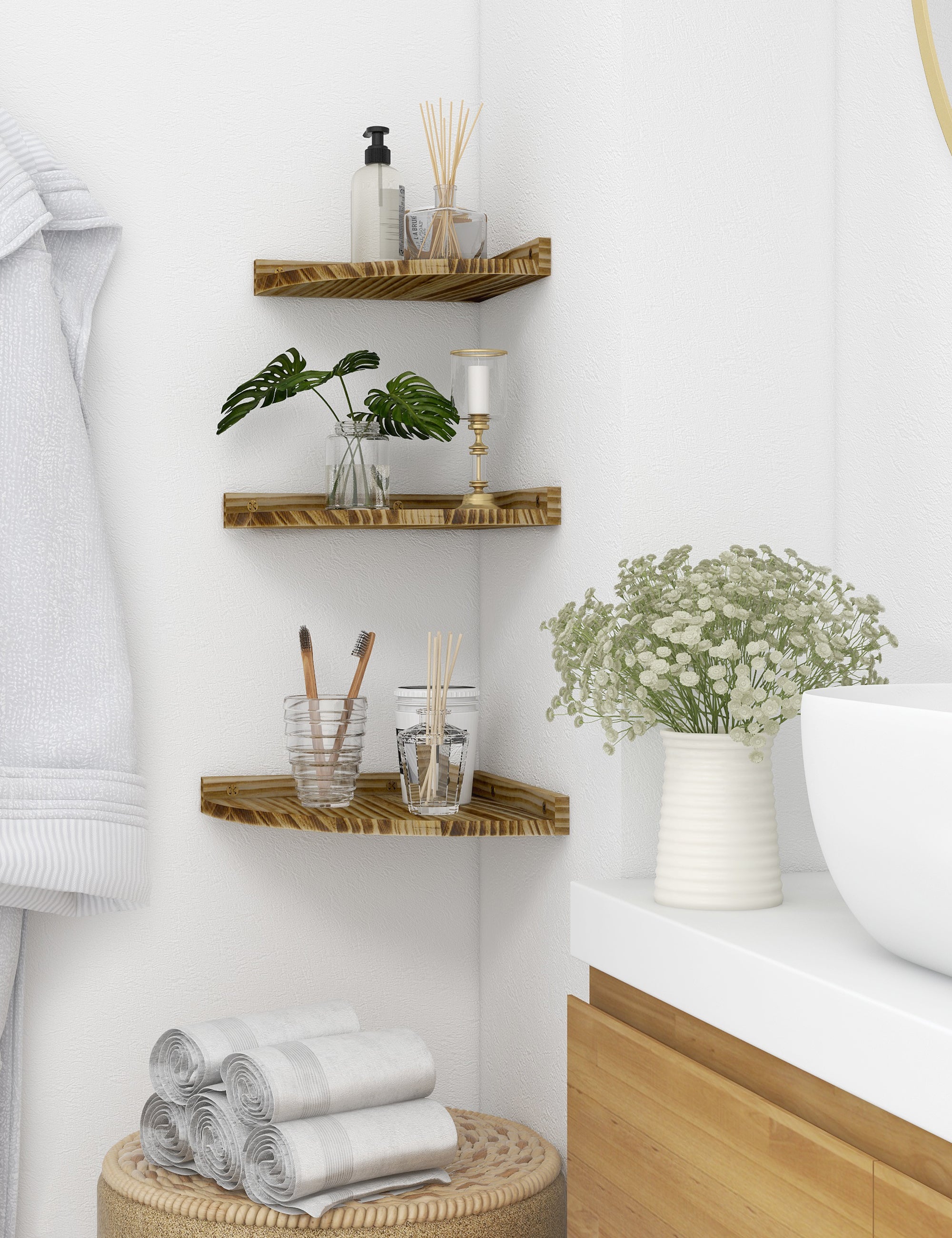 Afuly Floating Corner Shelves for Wall, Rustic Solid Brown Wood Wall Mounted Corner Shelf, 3psc