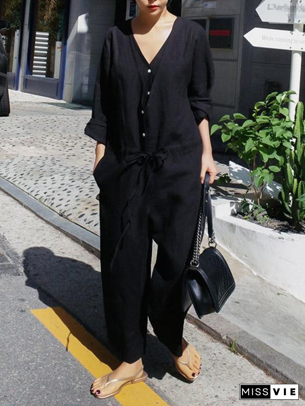 Casual Linen V-neck Jumpsuit