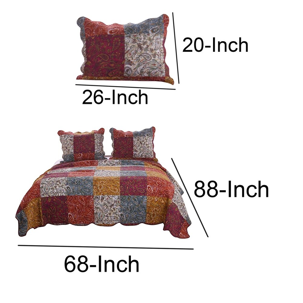 2 Piece Cotton Twin Size Quilt Set with Paisley Print  Multicolor