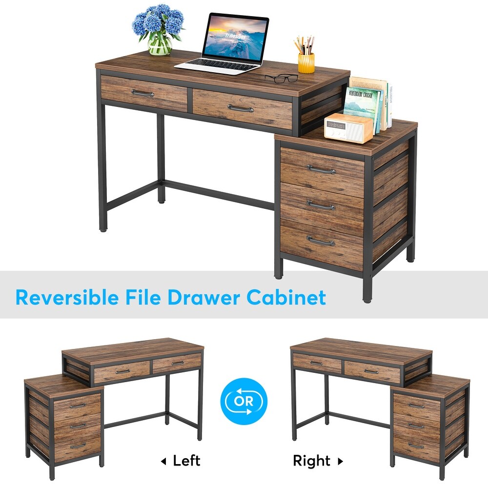 Reversible Computer Desk with 5 Drawers  Home Office Desk with File Cabinet Drawer Printer Stand