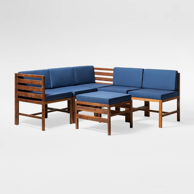 6pc Modular Acacia Wood Patio Sectional With Ottoman Dark Brown navy Saracina Home