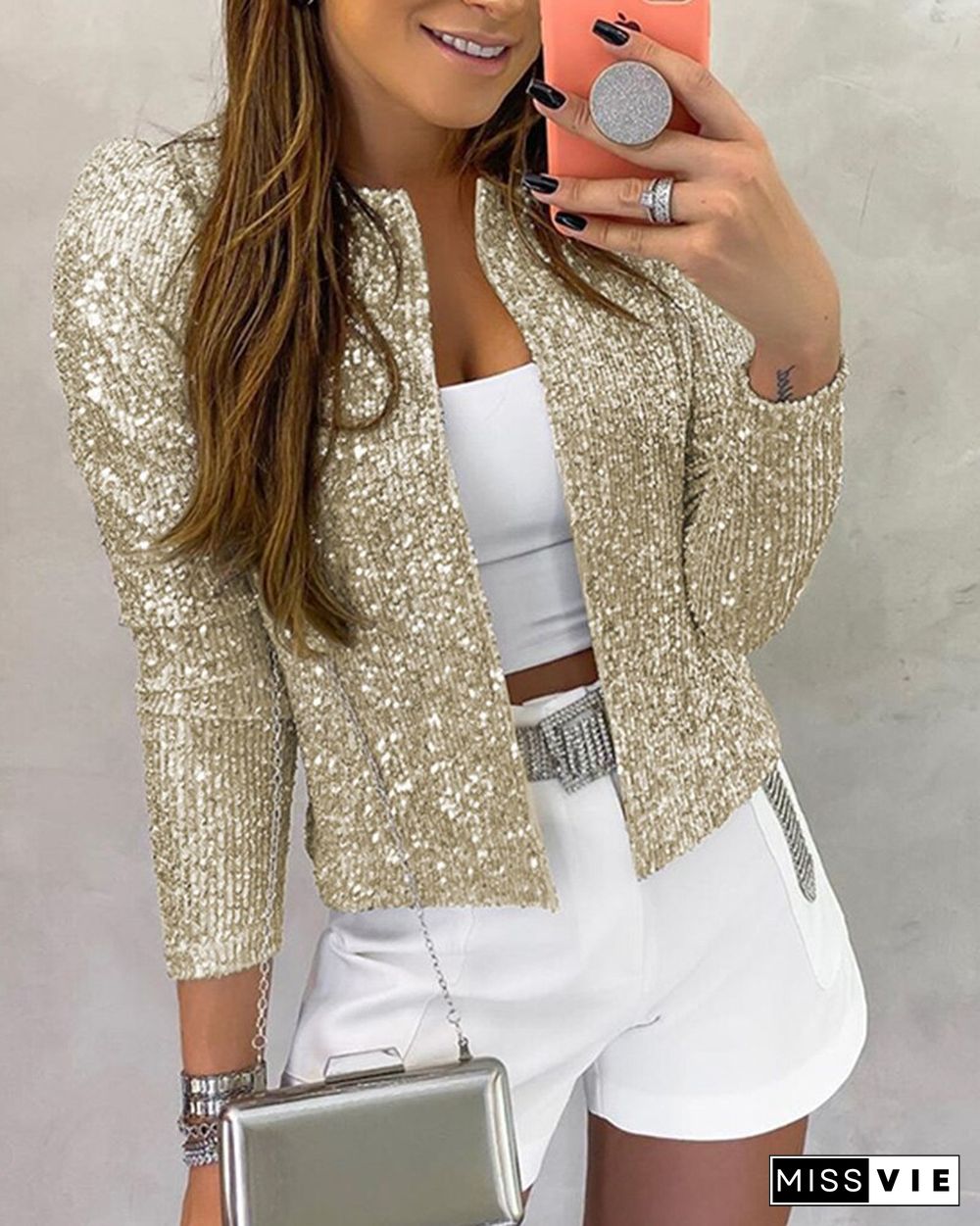 Spring Autumn Long Sleeve Open Front Sequin Coat Fashion Gitter Casual Shirts Streetwear Jackets Women'S Tops Loungewear