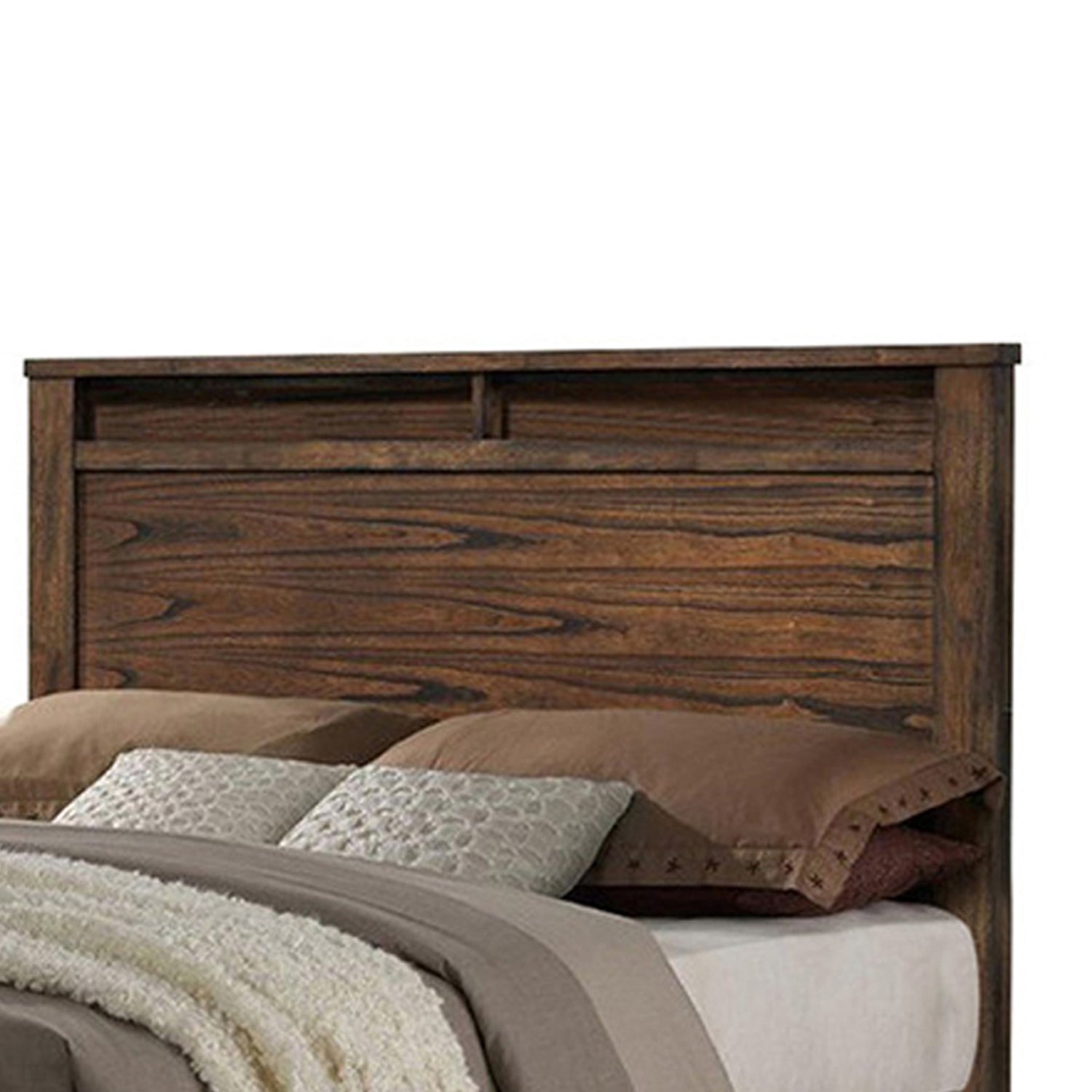 Benzara BM168618 56 x 62 x 82 in. Wooden Queen Size Bed with Display & Storage Drawers& Oak