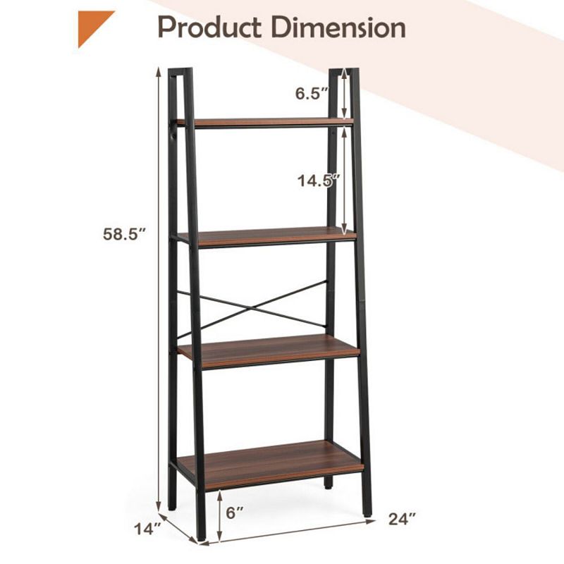 Hivago 4-Tier Freestanding Open Bookshelf with Metal Frame and Anti-toppling Device-Rustic Brown