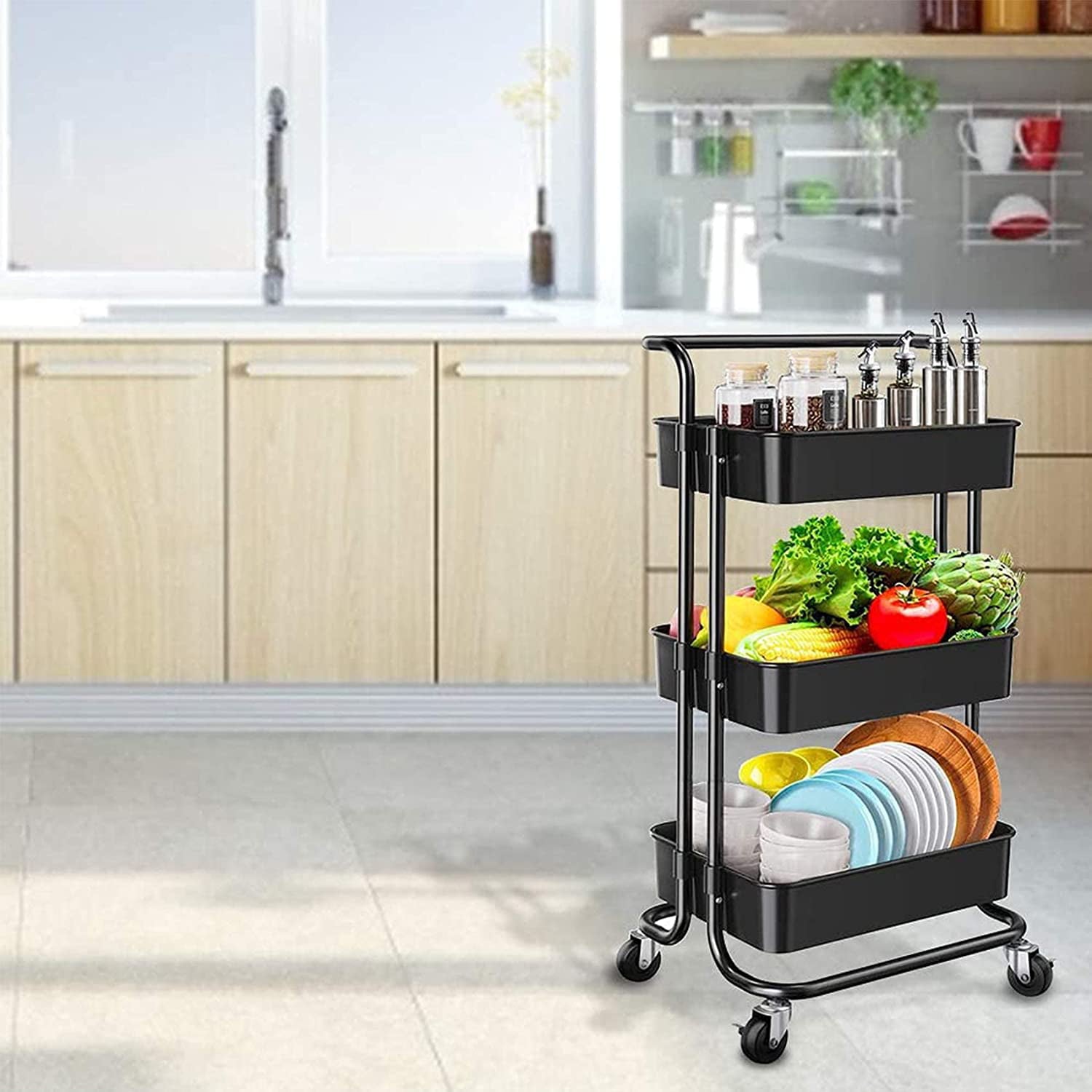 SKONYON 3-Tier Kitchen Utility Cart with Handle and Lockable Wheels， Black