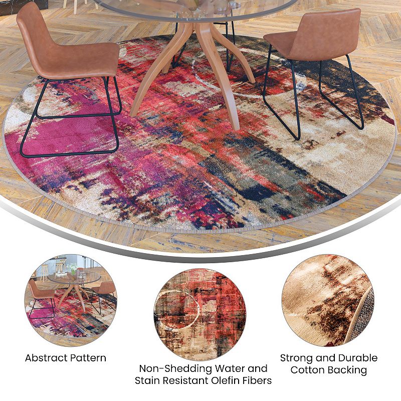 Masada Rugs Masada Rugs， Alice Collection Vintage Olefin Abstract Area Rug in Warm Beige， Green and Red with Jute Backing - 8' x 8' Round