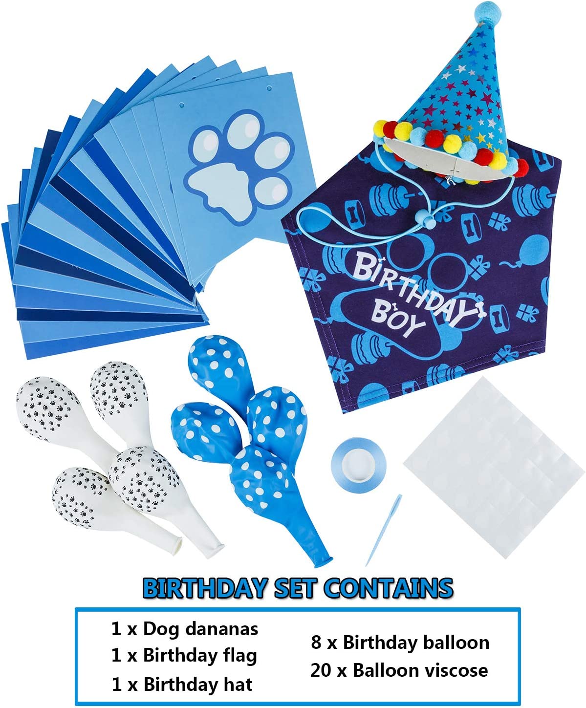 TCBOYING Dog Birthday Bandana， Dog Birthday Boy Hat Scarfs Flag Balloon with Cute Doggie Birthday Party Supplies Decorations(11-Piece Set)