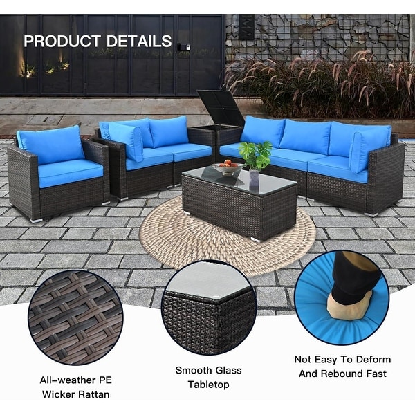 8Pieces Brown Wicker Outdoor Sectional Set with Glass Coffee Table