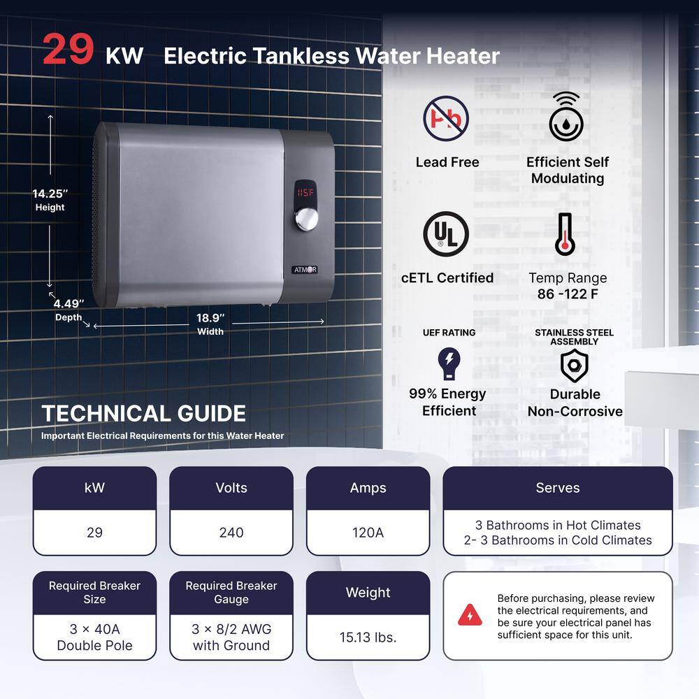 ATMOR 29kW 5.4 GPM Electric Tankless Water Heater Ideal for 3 Bedroom Home up to 6 Simultaneous Applications AT-29WH-HD