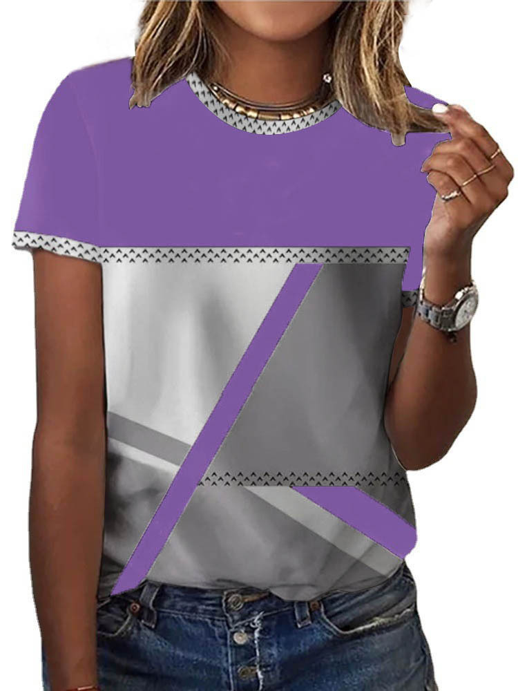 Round Neck Casual Loose Geometric Print Short-sleeved T-shirt