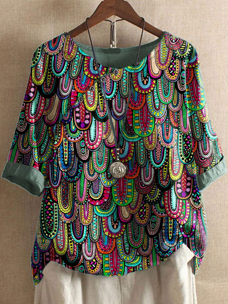 Round Neck Casual Loose Vintage Print Short Sleeve Blouse