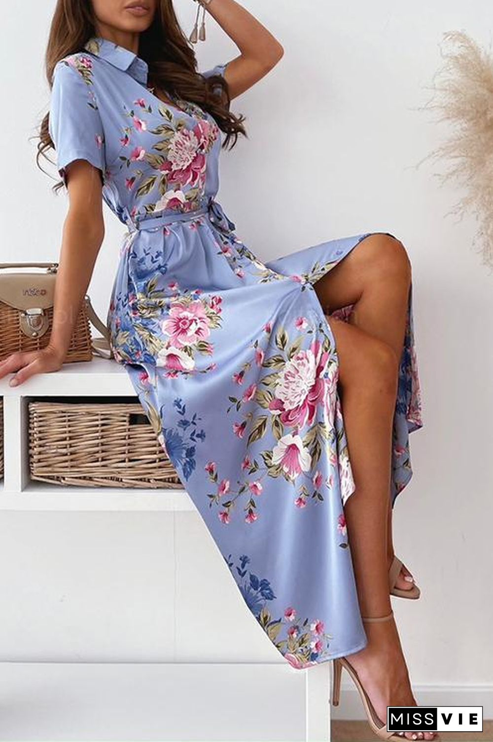 Vacation Print Short Sleeve Shirt Dress