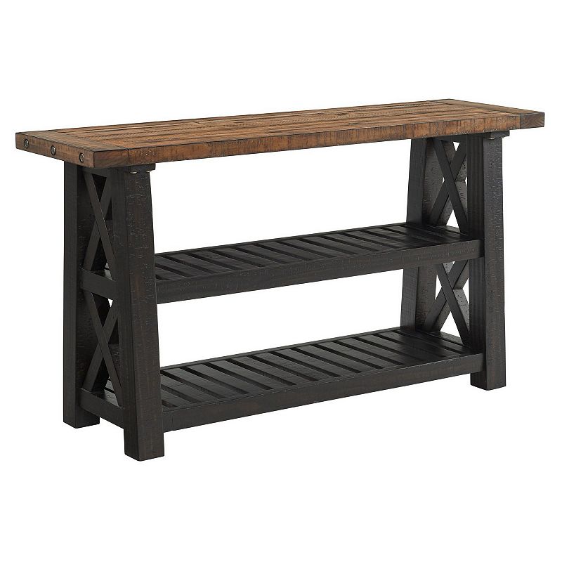 Sofa Table with 2 Slatted Shelves and X Legs， Brown and Black