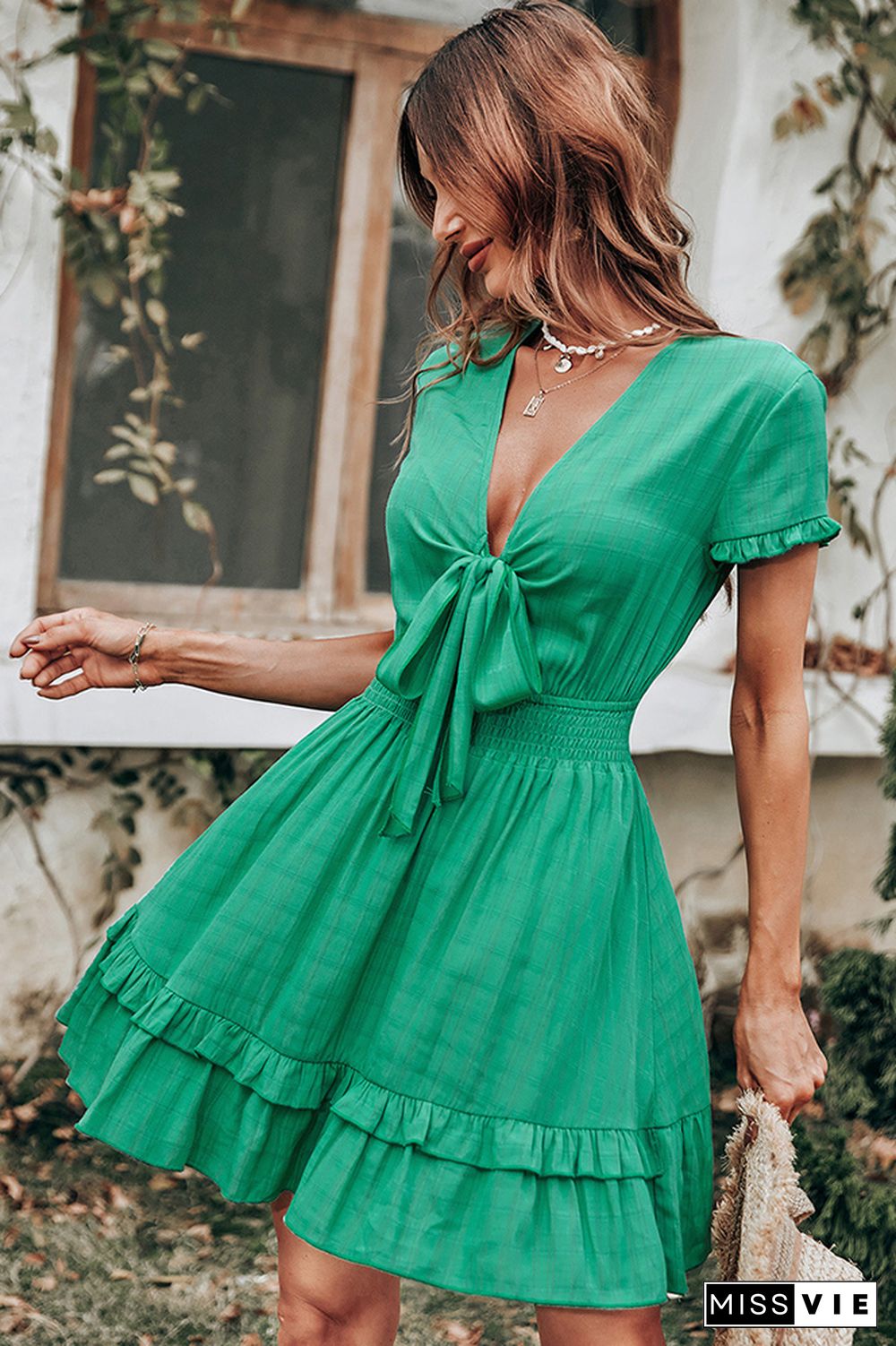 Green V Neck Bow Knot Short Sleeve Dress Wholesale