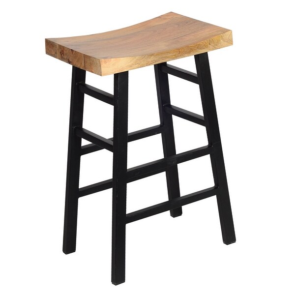 30 Inch Barstool with Saddle Style Wood Seat， Ladder Base， Brown and Black