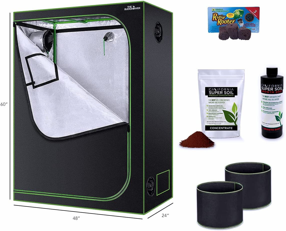 The Budgrower (24 in x 48 in x 60 in) (40 cu ft) Reflective Mylar Black Home Grow Tent/Nutrient Bundle