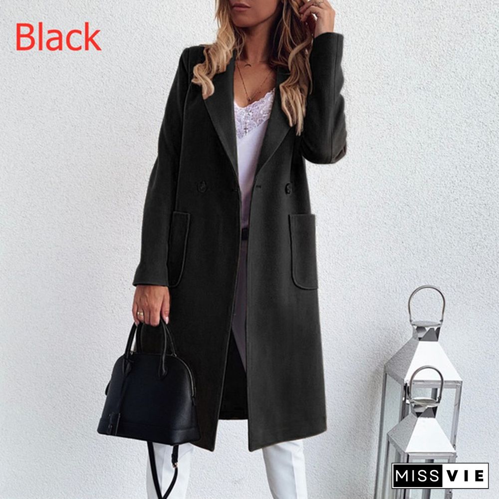 Fashion Women Autumn Winter Turn-Down Collar Pockets Buttons Long Coats Solid Casual Lapel Parka Ladies Jacket Button Coat