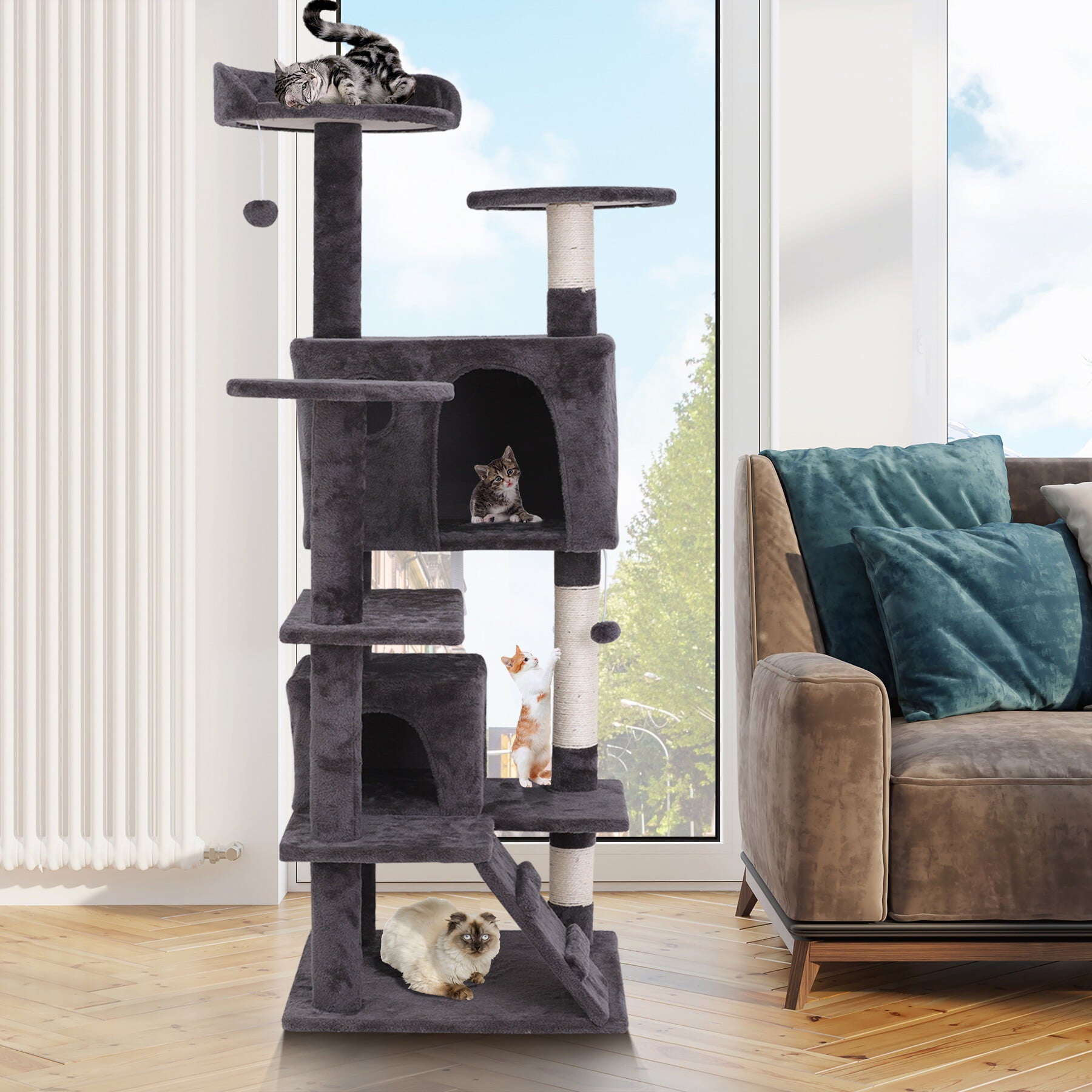 HomGarden 55''H Multi-Level Cat Tree Condo W/Scratching Post Tower and Perch， Play House Dark Gray