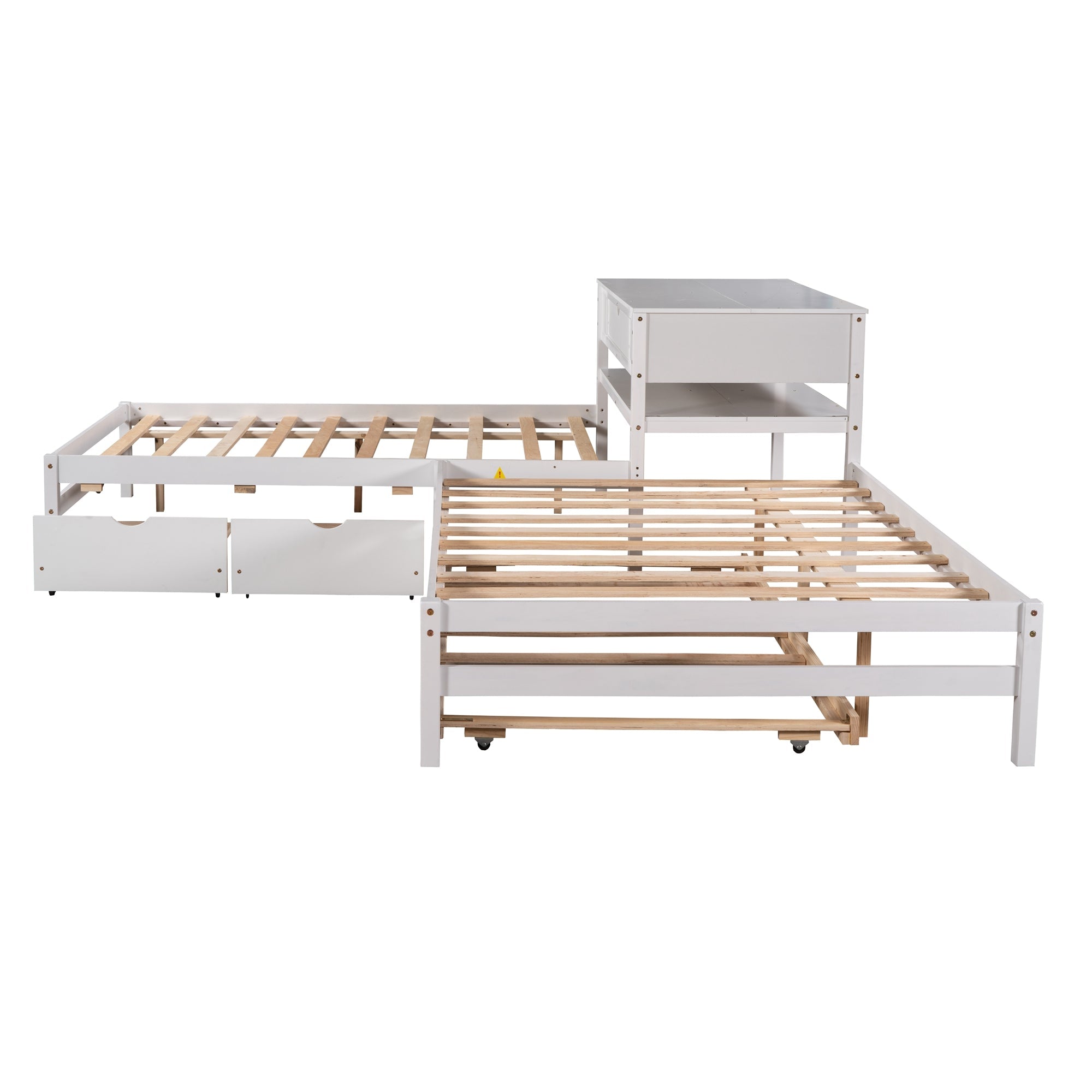 Full L-Shaped Platform Beds with Trundle, Drawers and Table for Kids Bedroom, White