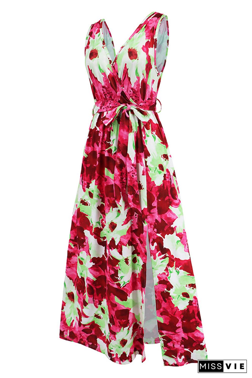 Wrap V Neck High Split Sleeveless Floral Maxi Dress