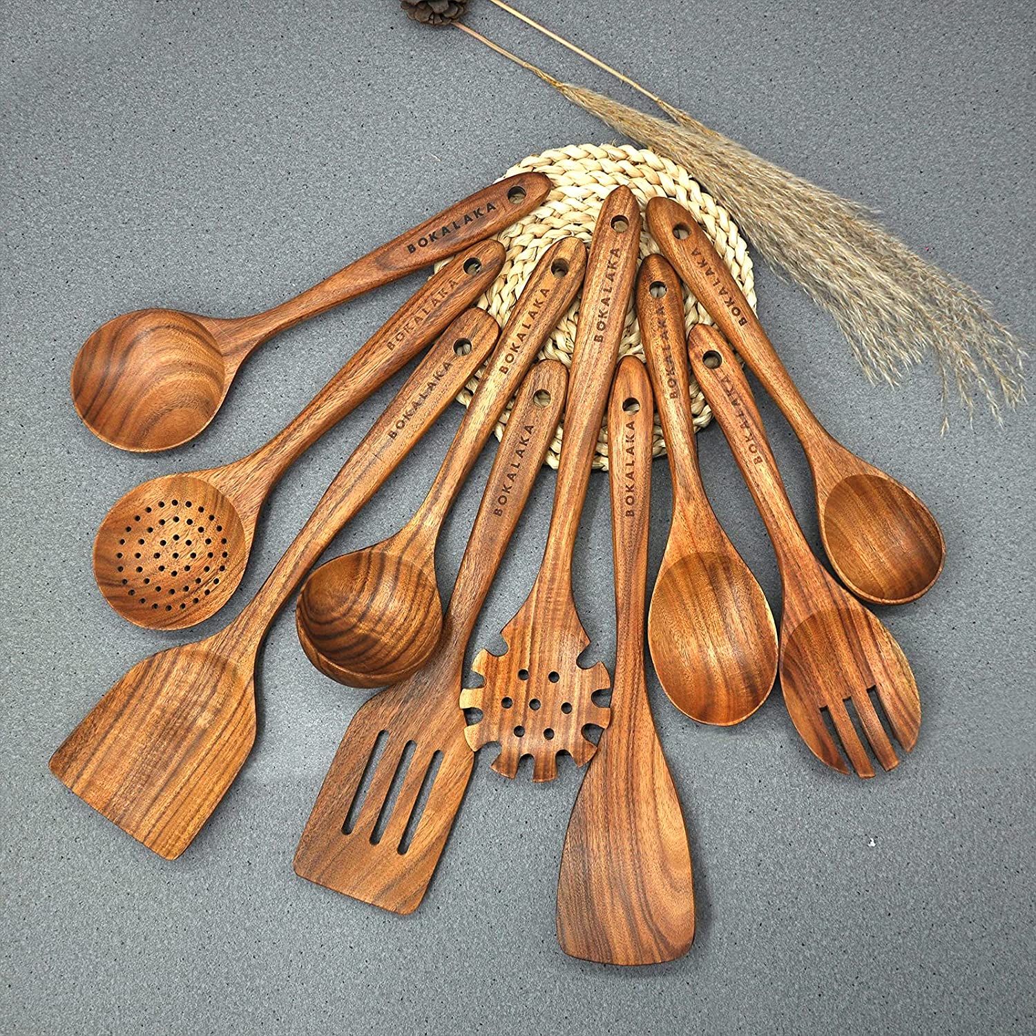 BOKALAKA Wooden Spoons for Cooking，10 Pcs Natural Teak Wooden Kitchen Utensils Set Wooden Utensils for Cooking Wooden Cooking Utensils Wooden Spatulas for Cooking