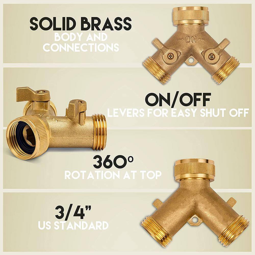 Heavy-Duty Brass Garden Hose Connector (2 Way) Hose Fitting with 2 Valves 8 Rubber Washers and Tape (4-Pack) B076VM93DP