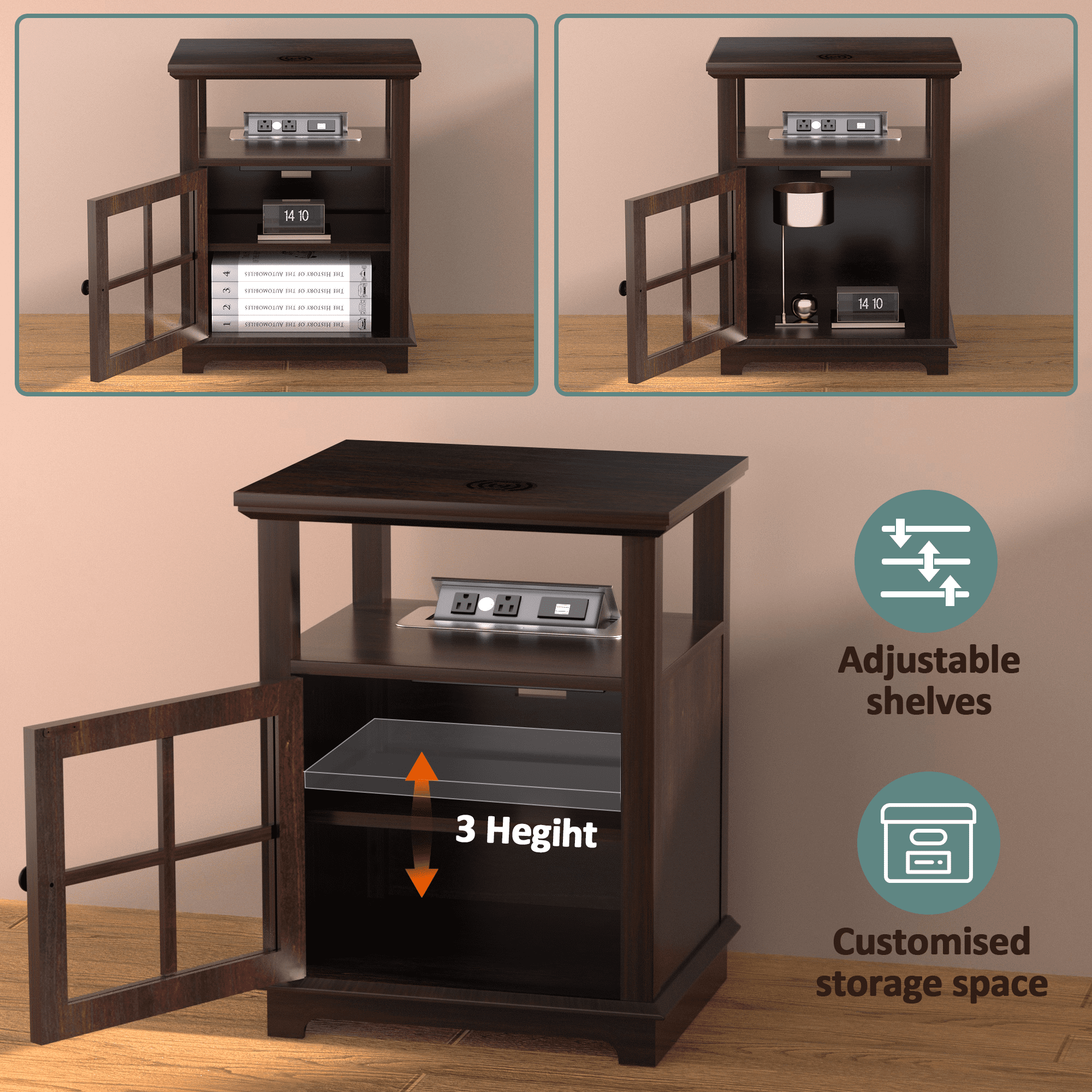 FAGAGA Nightstand with Wireless Charging Station and Storage,Accent End Table with USB Ports and Power Outlets Storage Side Table for Bedroom,Espresso