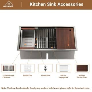 CASAINC Stainless Steel Sink 33 in. 16-Gauge Double Bowl Undermount Workstation Kitchen Sink in Brushed with Accessories CA-3319UT-BS