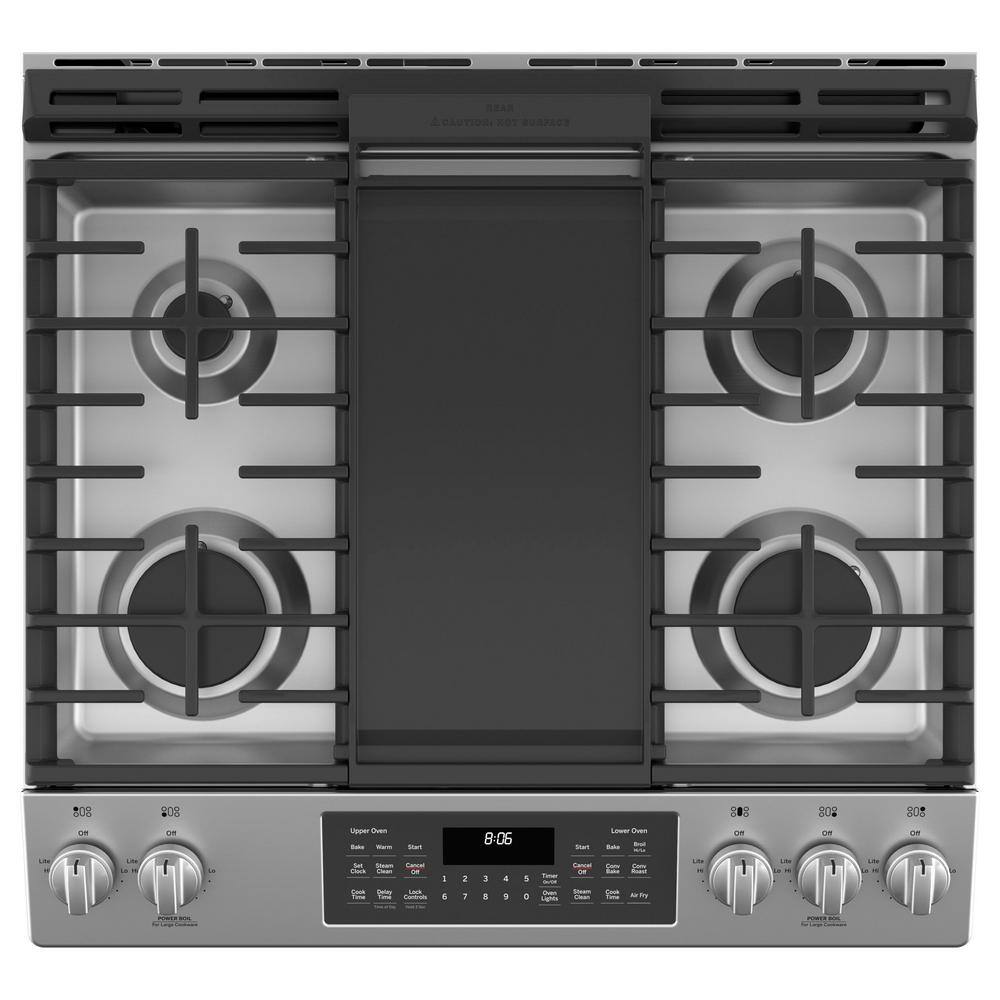 GE 30 in. 6.7 cu. ft. Slide-In Double Oven Gas Range in Stainless Steel with Griddle JGSS86SPSS