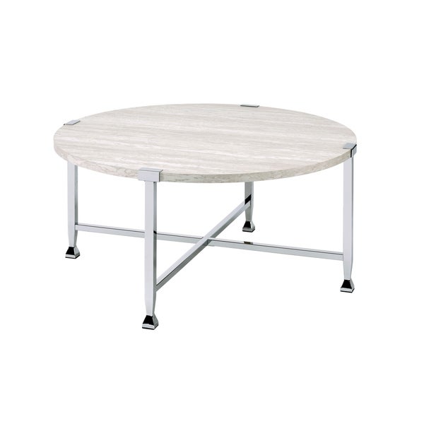 Coffee Table with X Shaped Metal Base and Round Wooden Top，Silver and Beige